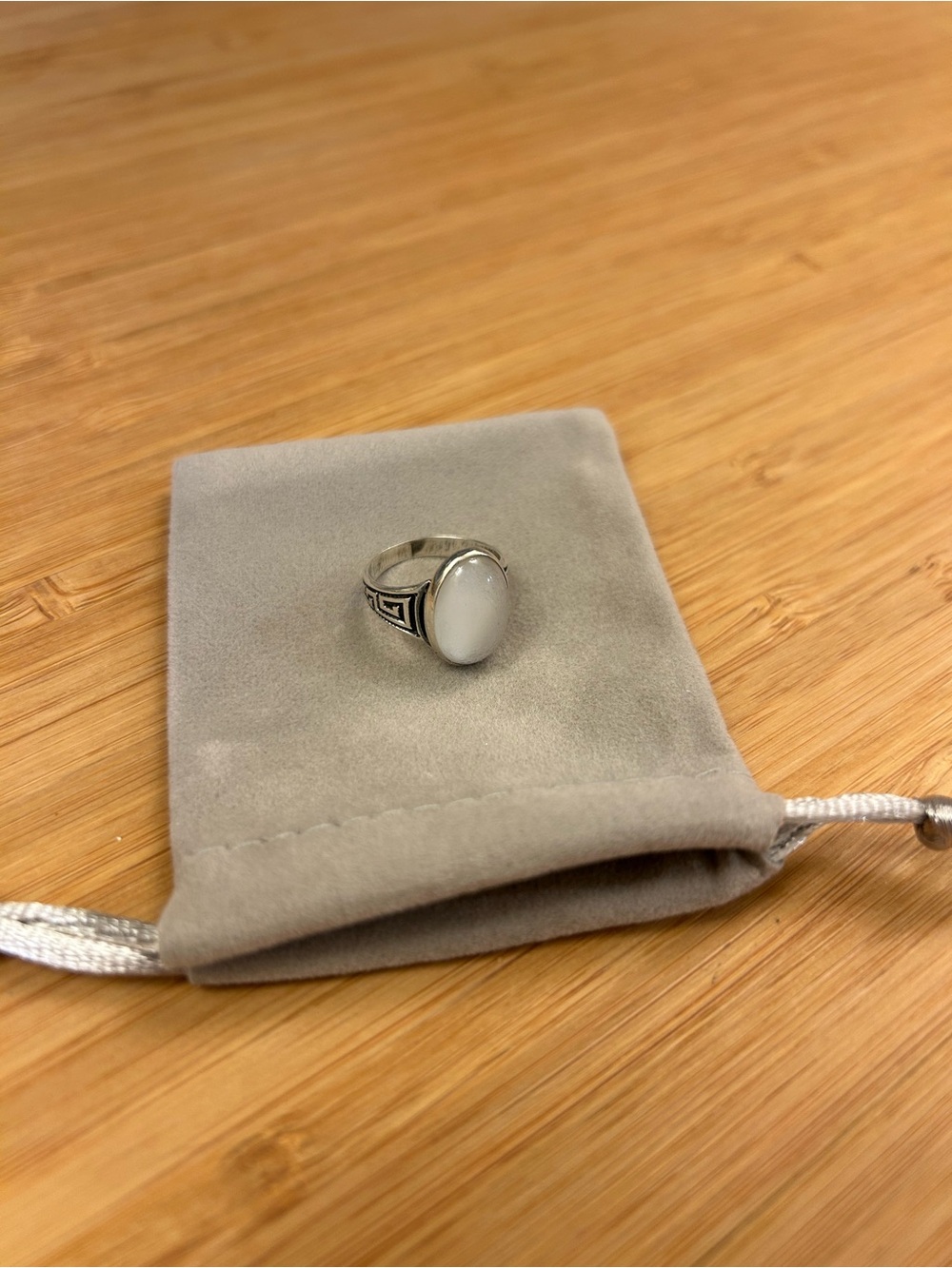 Silver Oval White Stone Signet Ring